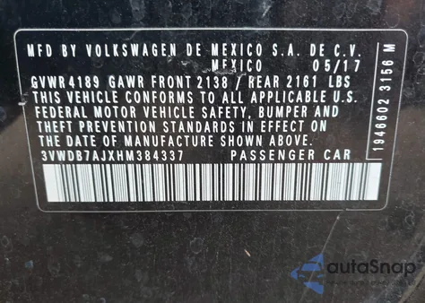 2017 Volkswagen Jetta 1.4T Se from USA, damaged, VIN 3VWDB7AJXHM384337